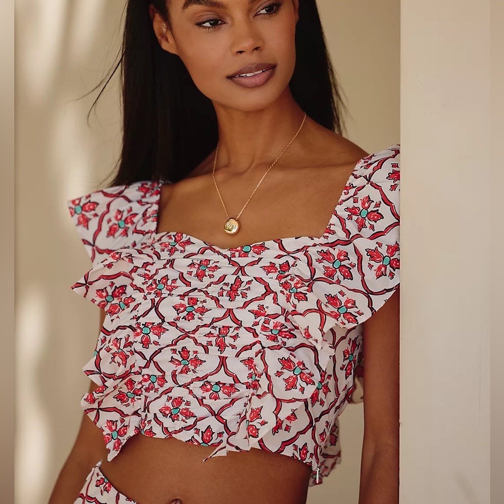 Anthropologie | Ro's Garden Caracas Flutter-Sleeve Square-Neck Blouse| NWT | L